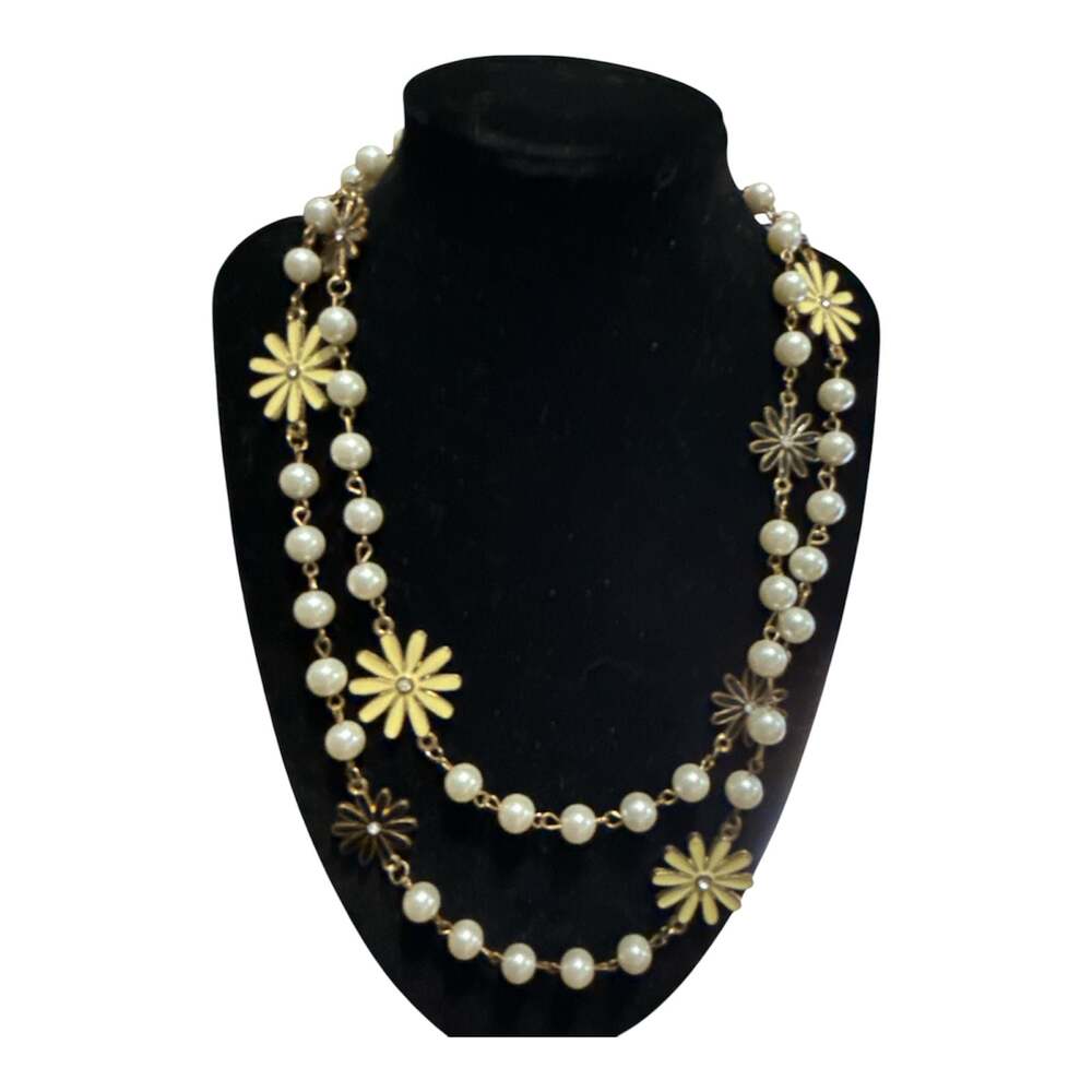 Double Strand Faux Pearl and Enameled Flower Statement Necklace